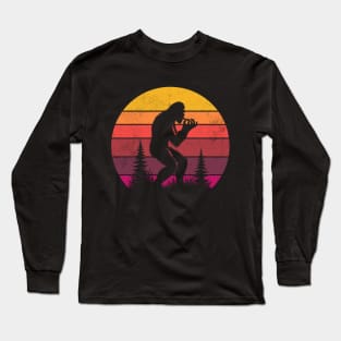 Bigfoot Sasquatch Playing The Harmonica Vintage Sunset Music Lover Long Sleeve T-Shirt